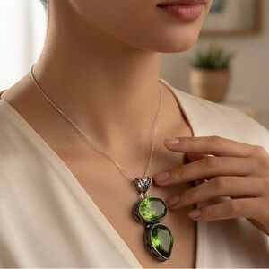 Antique Peridot Pendant Necklace, Sterling Silver, Charm Gemstone, Stateme…